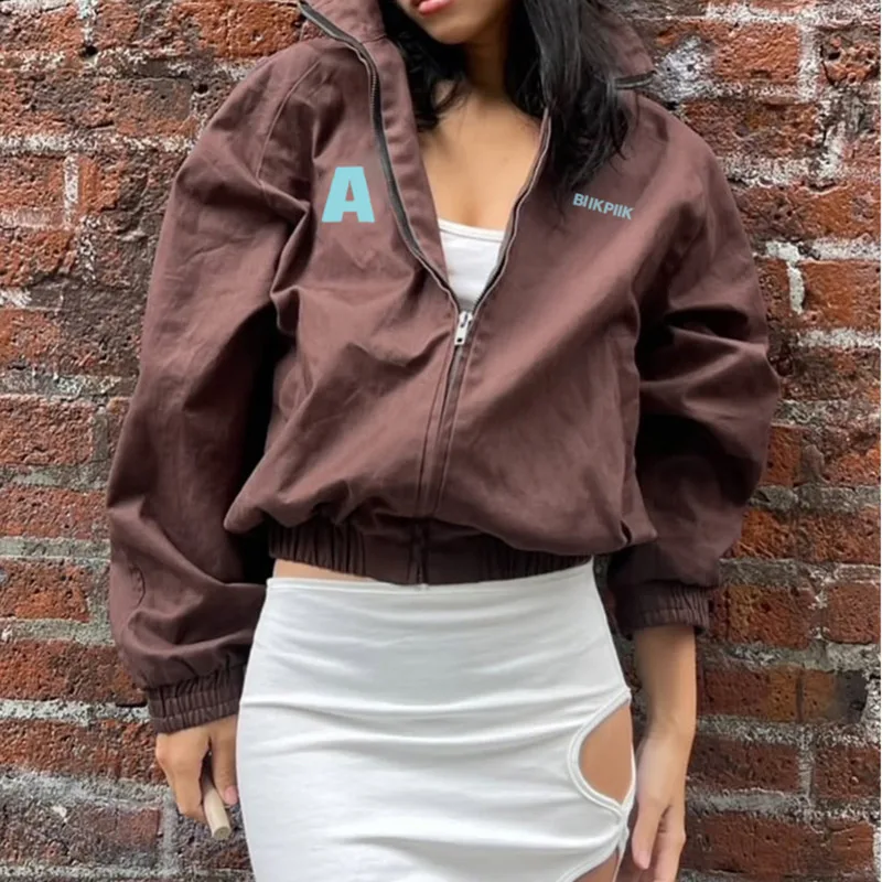 

Letter Print Turn Down Collar Jacket Women Spring Autumn Retro Punk Style Sports Jacket Brown Long Sleeves Loose Comfortable Top