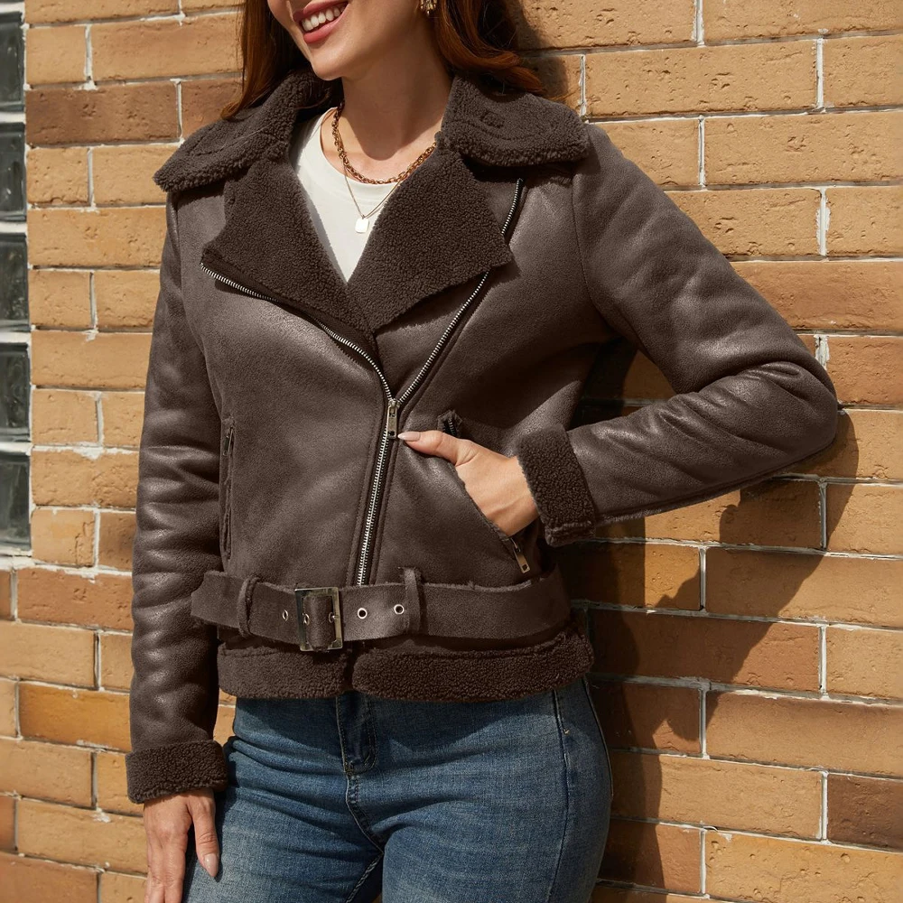 سترة نسائية من جلد الغزال مبطنة بالفرو الصناعي وياقة بحزام للخريف والشتاء معطف جلد دافئ ملابس خارجية أنيقة للسيدات