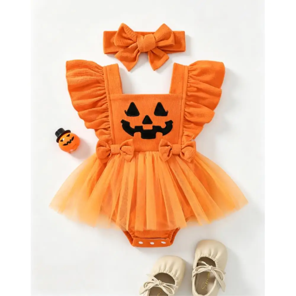 2026 New Best-selling Halloween Infant Baby Outfit Pattern Bows Ribbed Flying Sleeve Bodysuit Bow Headband Clothes Set Citgeett