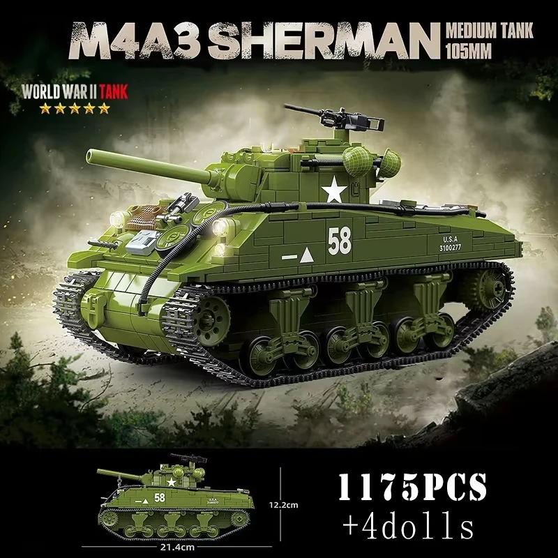 

1175 шт. M4A3 средний танк Sherman времен Второй мировой войны, военная модель армии США для коллекционеров и детей, исторический подарок для взрослых