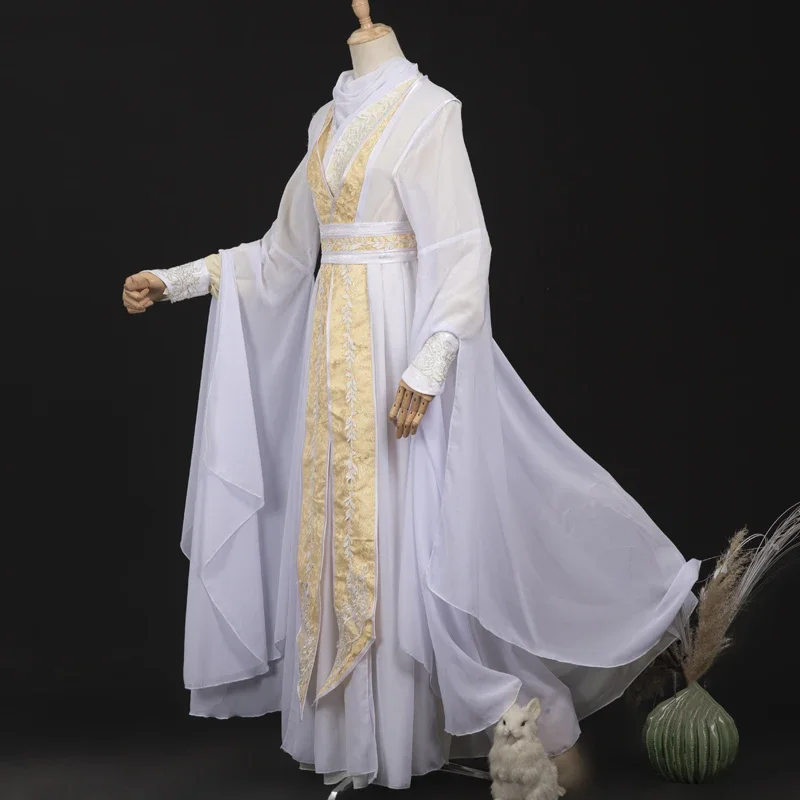 Blanco nuevo Hanfu hombres ropa tradicional antigua china disfraz de hada vestido Hanfu masculino capa larga traje de escenario de Festival DNV14199