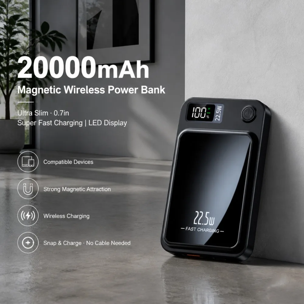 

Magnetic Wireless Power Bank 20000mAh Ultra Slim Portable Battery with LED Display Super Fast Charger for Samsung/Google/Android