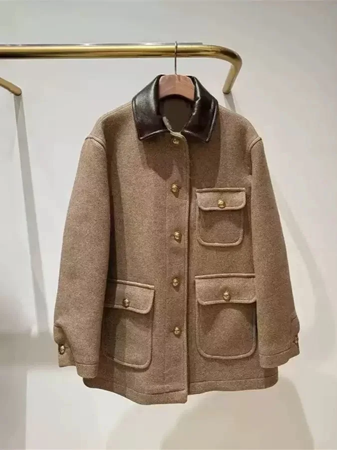 

Retro Khaki Tweed Thiened Leather Collar ket Medium Length Woolen Cotton Suit Jaet for Women Winter Commute Sle