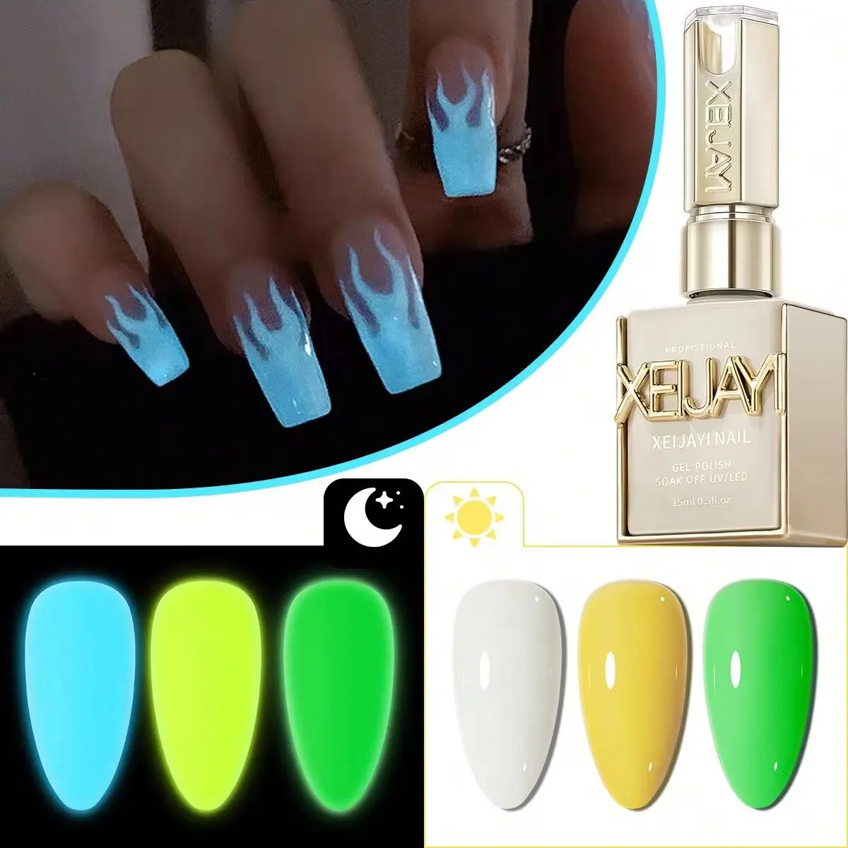 

XEIJAYI 3pcs Glow in Dark Nail Gel Polish, Day & Night Effect Soak Off Gel for Party Rave Fashion
