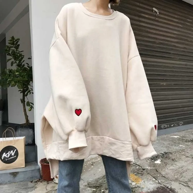 Oversized Women Sweatshirts 2024 Khaki Tops Fall Heart Print Pullover White Hoodie Long Sleeve Streetwear Drop Shipping 5XL4XL