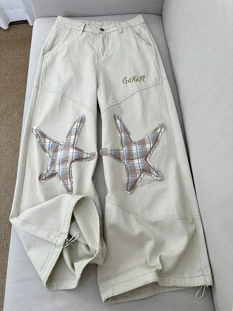 

American High Street Sle Star Embroidery Denim Jeans Women Loose Slimming Versatile Waed Wide Leg Pants Spring Season