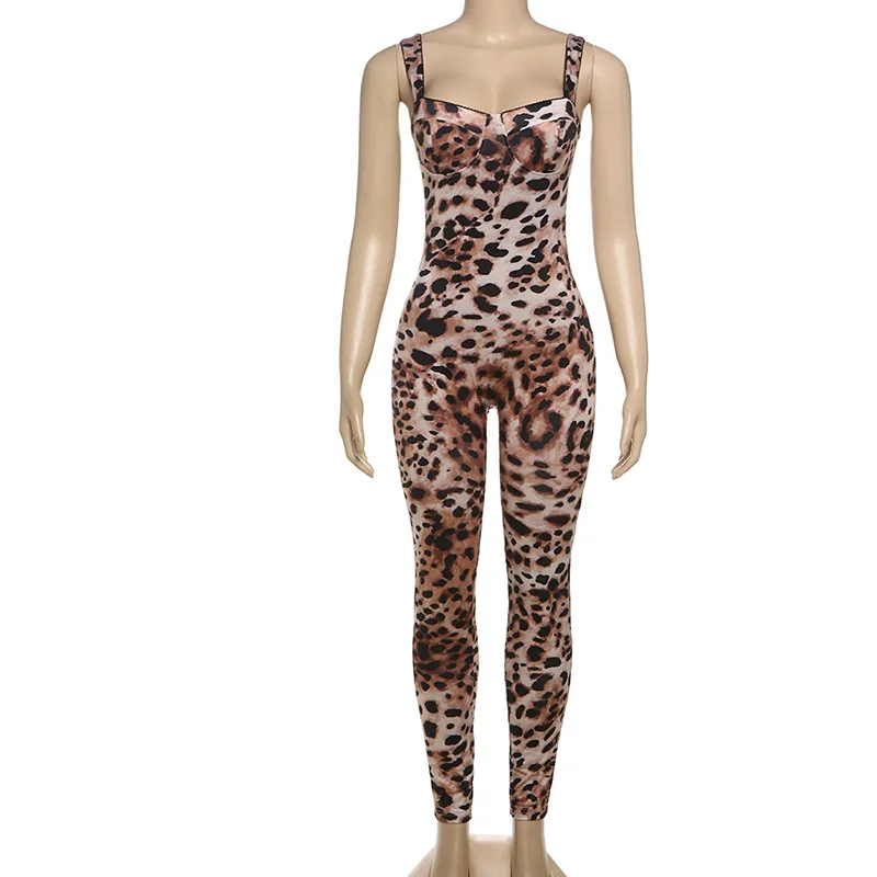 Women Sexy Leopard Jumpsuits Low Neck Suspendency Body-shaping Overalls Female Wild Trend Midnight Clubwear Rompers Streetwear