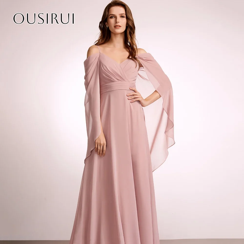 Eenvoudige Spaghettibandjes Chiffon A-lijn Galajurken Voor Vrouwen Lange Mouwen Avondjurken Aangepaste فسات Mohamed