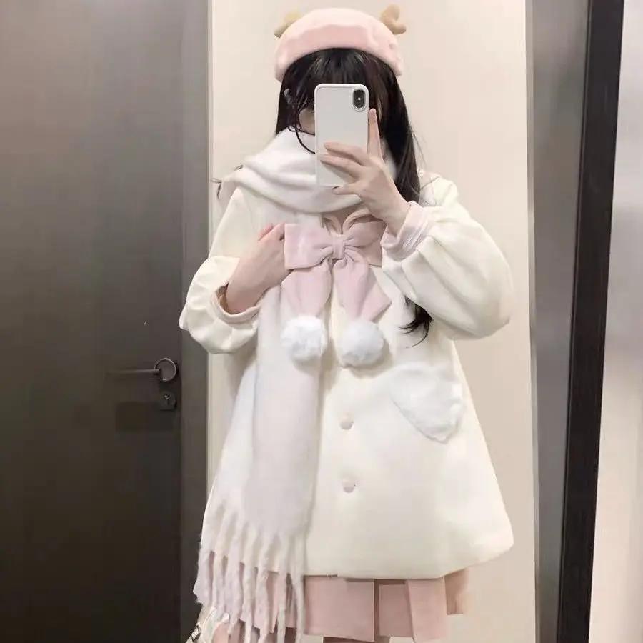 Mid-Length Coat for Women Student Style with Bowknot Autumn and Winter Overcoat