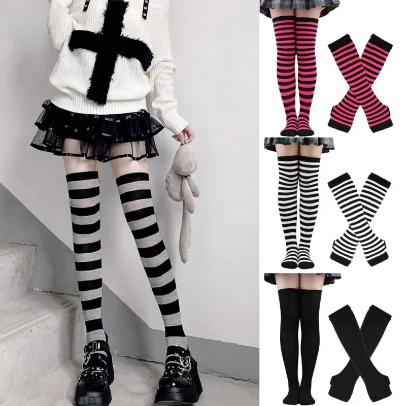 Black White Striped Warm Knee Socks Arm Sleeve Fashion Women Sexy Slim Thigh High Cotton Socks Arm Sleeve Gloves Cosplay Socks