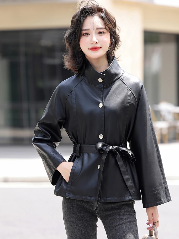 Manteau en cuir pour femme, coupe ajustée, en peau de mouton véritable de Haining, avec ceinture, style décontracté, vêtement d'extérieur tendance, collection Automne Hiver
