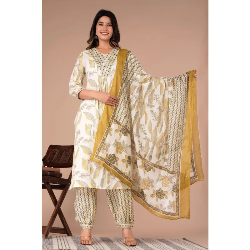 Cotton Fabric Straight Pakistani Printed Salwar Kurti Pant & Dupatta Gift Dress