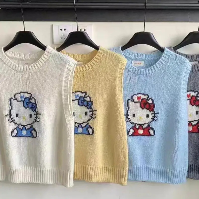 

Sanrios Kawaii Vest Hello Kittys Cute Vest Student College Style Loose Sweet Print Hot Sell Soft Fashion Gift for Girlfriend