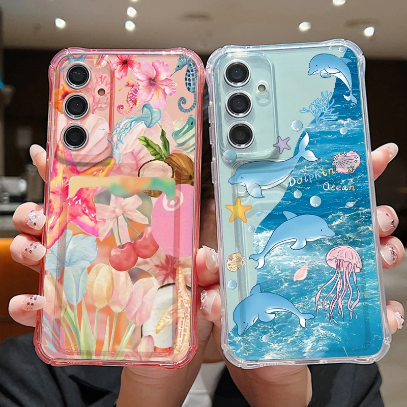 Card Bag Phone Case For Samsung Galaxy S26 S25 S24 Ultra S23 S25 FE A57 A17 A56 A55 A37 A16 A36 A26 A54 Dolphin Print TPU Cover