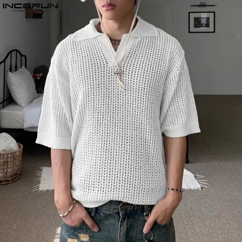 INCERUN Tops 2024 Korean Style Men Sexy Fashion Mesh Hollow Design Shirts Casual Streetwear Male Half Sleeved Lapel Blouse S-5XL