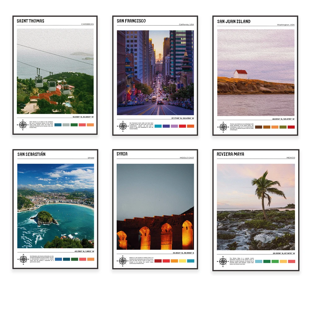 Carteles de viaje para San Sebastian, San Miguel, Saguaro Arizona, Damasco, Santo Tomas, Riviera Maya, Puerto Vallarta, Phoenix