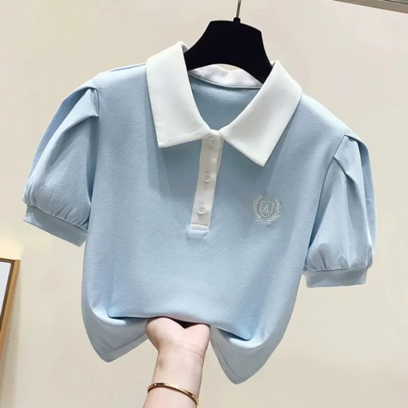 Light blue short-sleeved female Polo puff sleeve design slim high waist