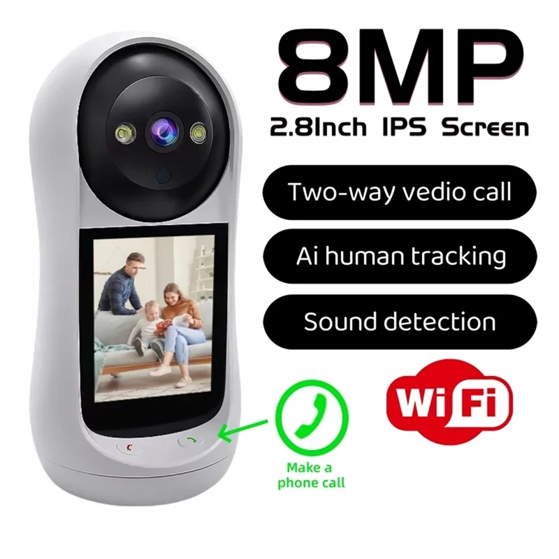 ABGZ-2.8 Inch Wifi Vedio Baby Monitor 8MP Surveillance IP Camera IPS Screen Sound Detection HD Smart Home PTZ Cam EU PLUG