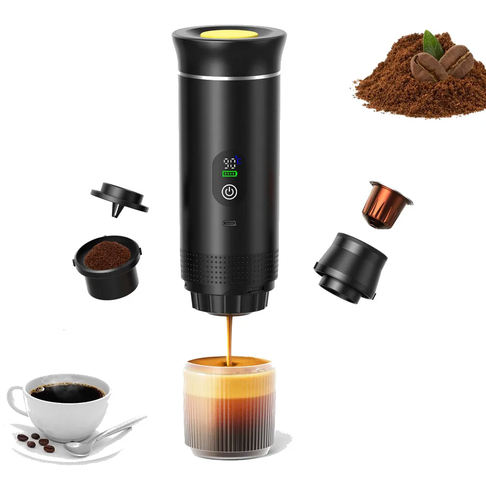 

Мини-эспрессо-машина с питанием от USB-C, функция нагрева 3 в 1, 12 В, уличная портативная кофеварка, светодиодный дисплей температуры