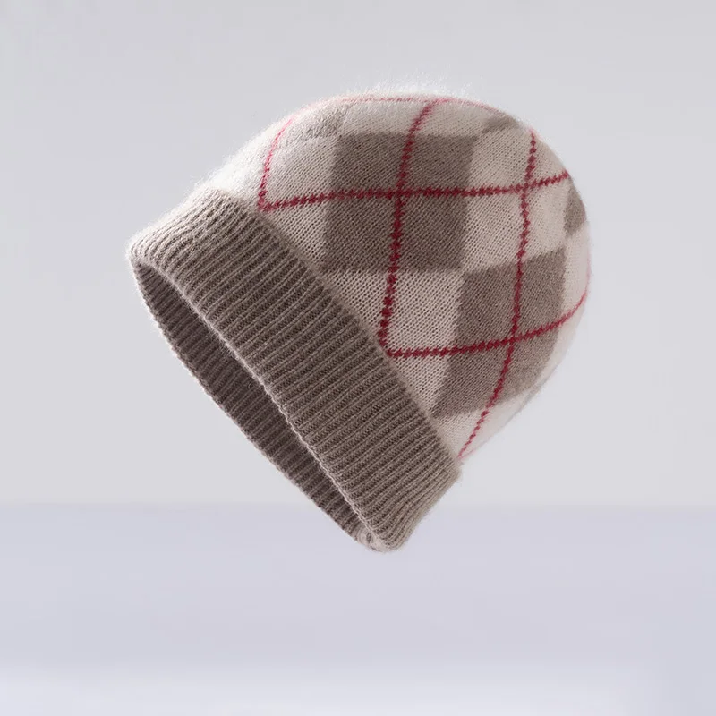 

New Knitted 100% Cashmere Women's Thickened Hat High Quality Diamond Knitted Hat Men's Winter Warm Color blocked Leisure Hat