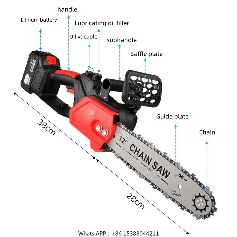 Scie à chaîne électrique sans fil portable, haute puissance, 21V, 2 batteries au lithium, 12 pouces, une main, coupe du bois