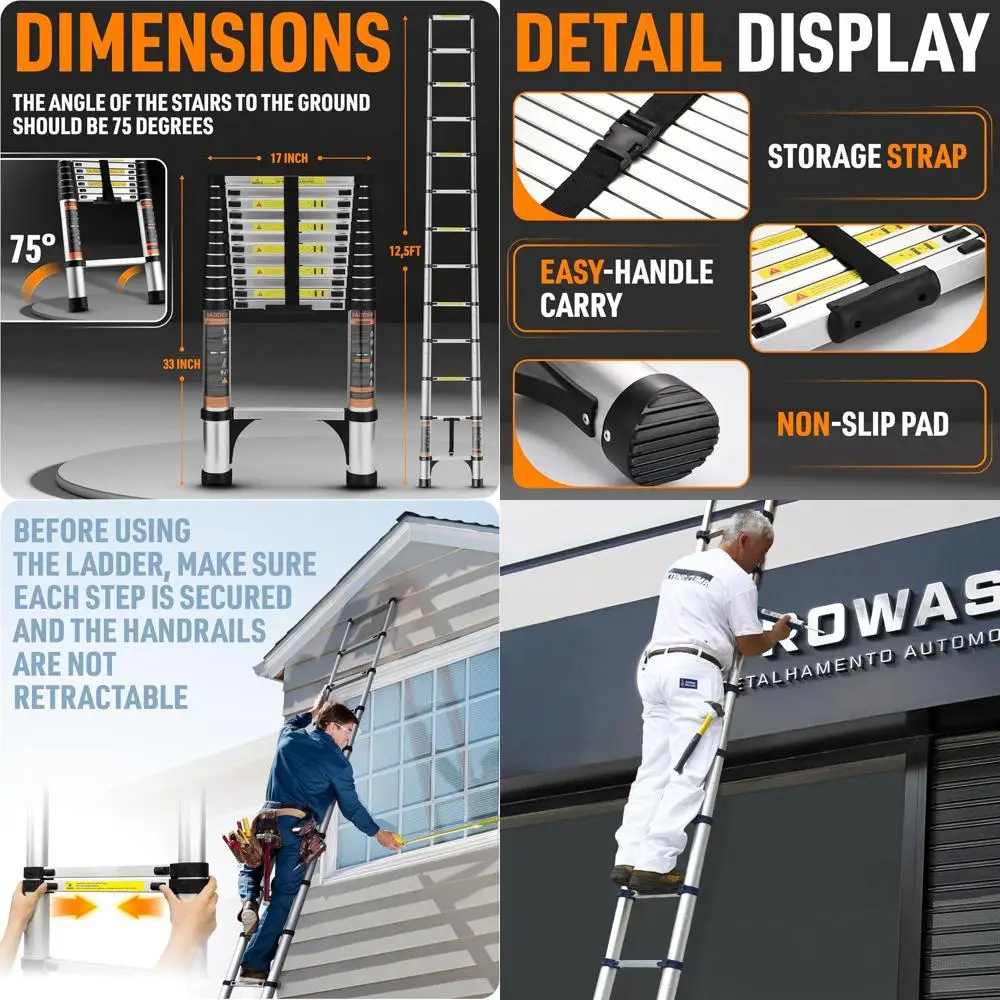 

Aluminum 12.5FT Telescoping Ladder with Safety Lock, Lightweight for Home, Roof, RV, Attic, Outdoor Use, 330lbs Capacity, Silver