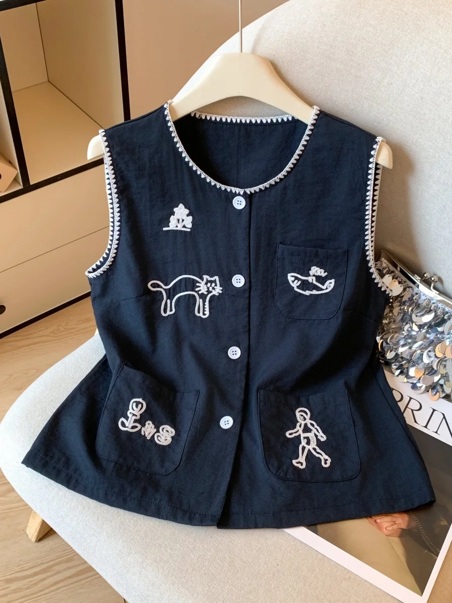 

Elegant Embroidered Thin Sleeveless Summer Shirt for Women in Royal Blue Versatile Straight Cut Design Cool Feeling Polyester