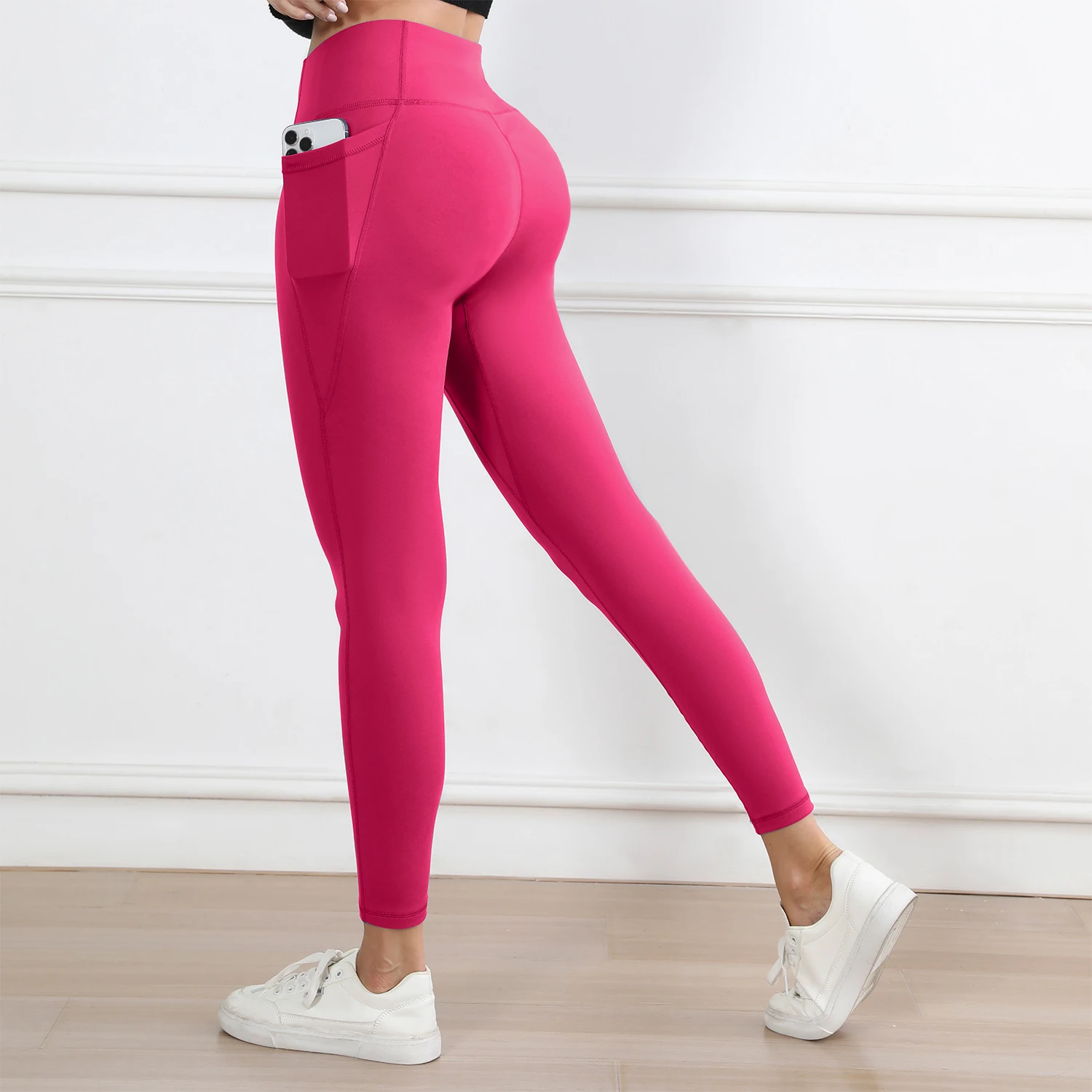 Damen-Leggings mit Taschen, einfarbig, hohe Taille, Po-Lifting, Workout-Strumpfhose, schmale elastische Hose, Freizeitkleidung