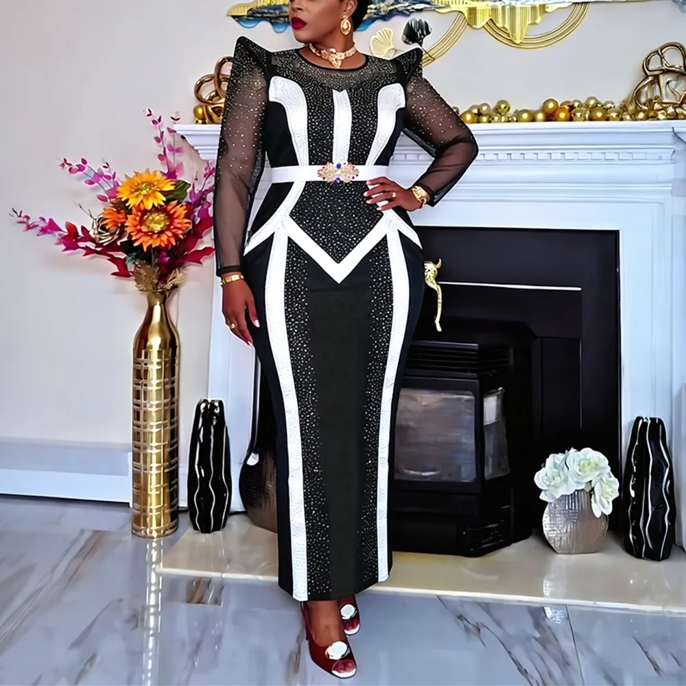 

Plus Size African Party Dresses for Women Dashiki Diamond Pleated Long Dress Elegant Outfits Muslim Wedding Evening Gowns