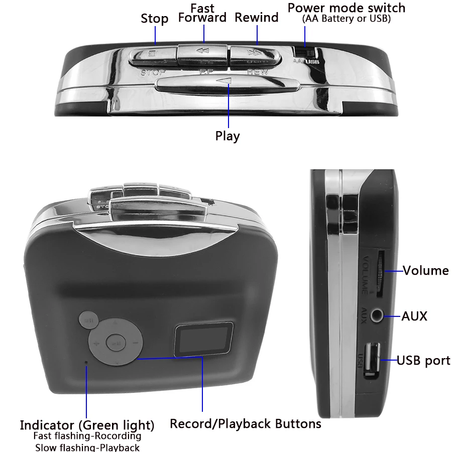 Draagbare cassettespeler Tape naar MP3-converter Recorder Audiospeler Converteer cassette naar USB-flashdrive met oortelefoon