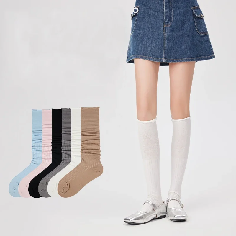 

New Spring/Summer Women's Mid Length Socks With Curled Mouth Solid Cotton Thin Vertical Stripe Lower Leg Socks Long Stockings