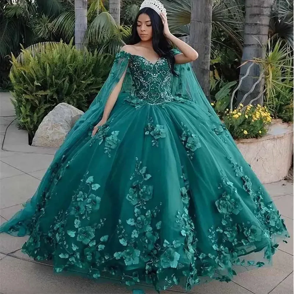 Vestidos de Quinceañera de tul verde oscuro con chal, Vestidos de baile de graduación con cuello en V, vestido de noche para fiesta de cumpleaños, Vestidos de graduación con cordones