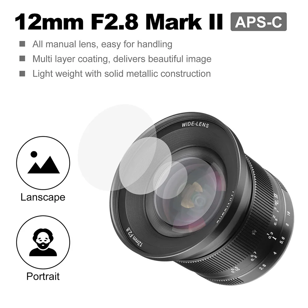 7artisans 12mm F2.8 Mark II MF APS-C Ultra Wide Angle Prime Lens For Sony E ZVE10 Fuji XF Canon EOS-M Canon RF Nikon Z Micro 4/3