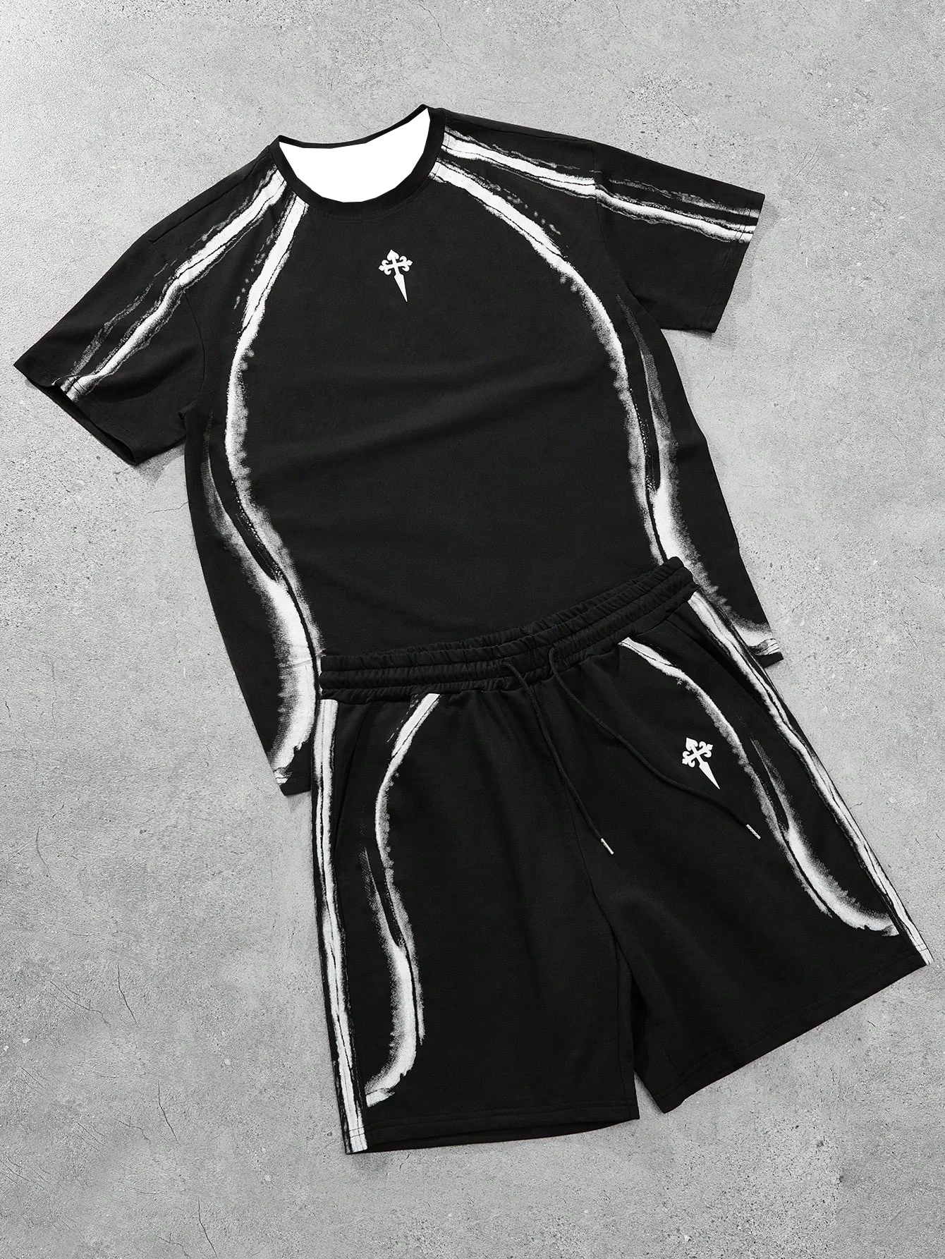 

2026 Cross Print Tracksuit Men's Black Short Sleeve T-shirt and Shorts Set Streetwear Brush Stroke Casual Summer Outfit