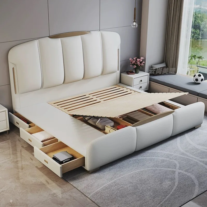 Modern Luxury  Bedroom Furniture Wooden Box Soft Up-holstered Beds Large Size Double Bed Frame Leather Set Storage New Design
