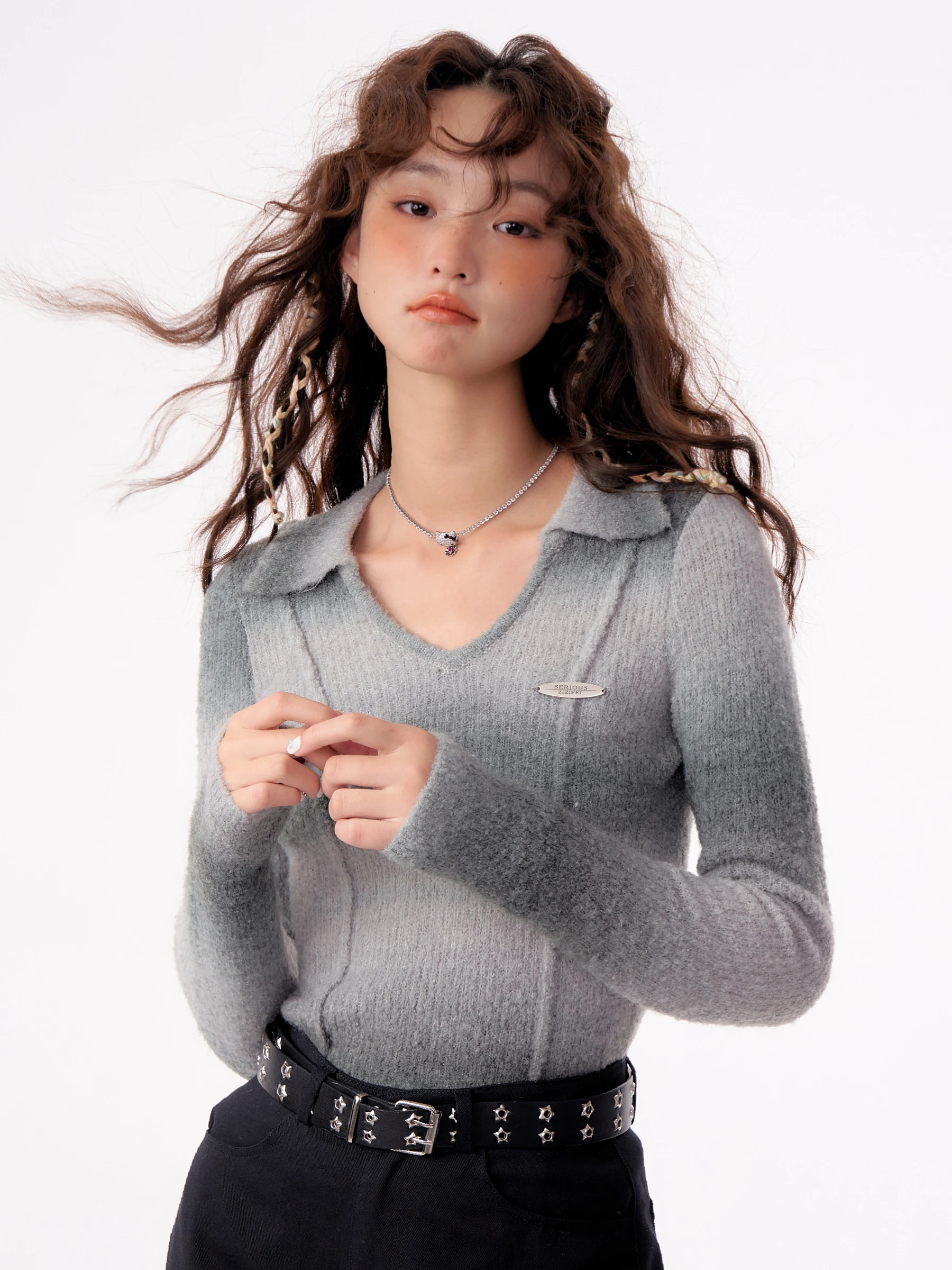 

ZiziFei женская трикотажная футболка adient Color Long Sve V-Ne, облегающая базовая футболка, повседневный шерстяной топ