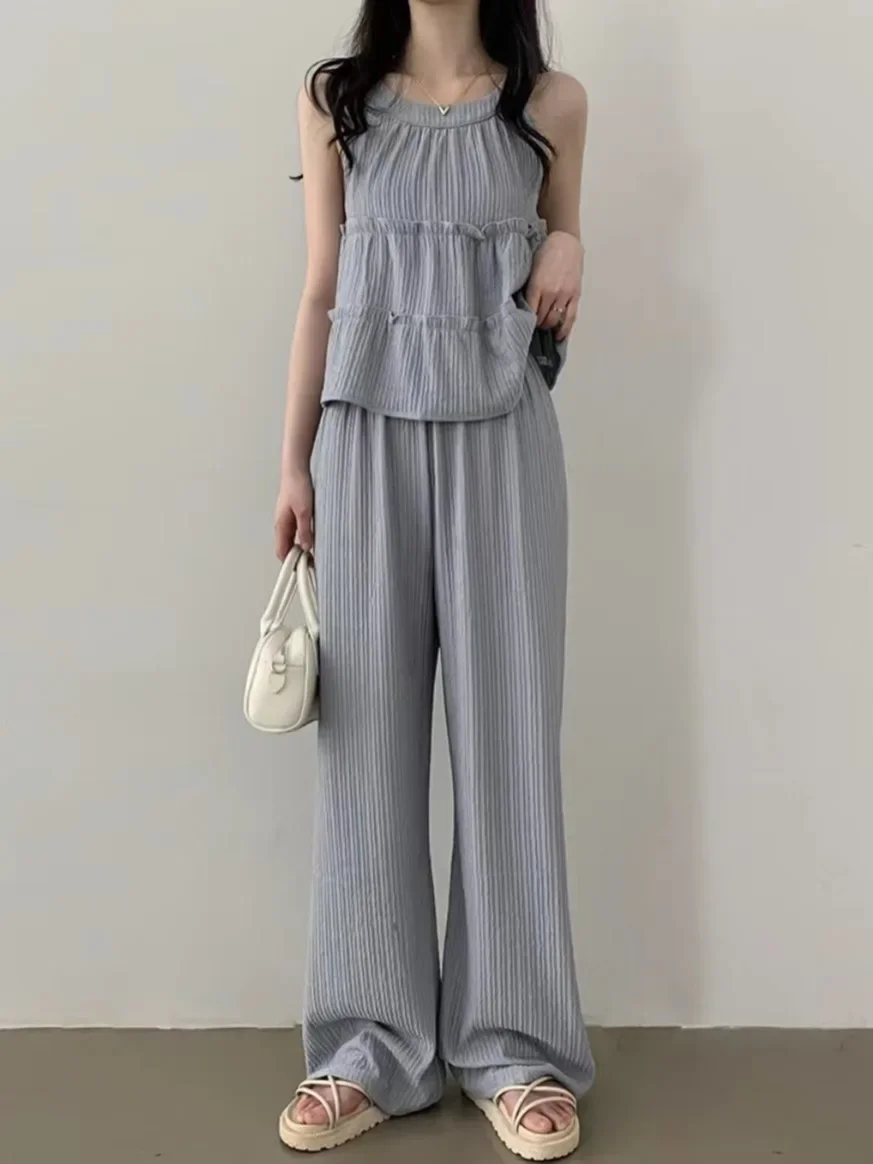 

Шикарный летний повседневный свободный круглый топ с прямыми брюками, комплект из двух предметов для женщин, модная студенческая рабочая одежда