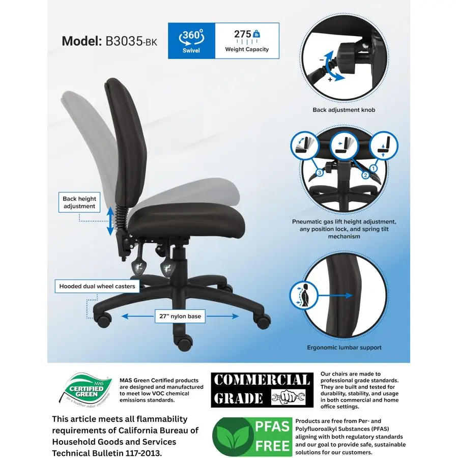 MultiFunction Fabric Task Chair Without Arms in Black B3035BK