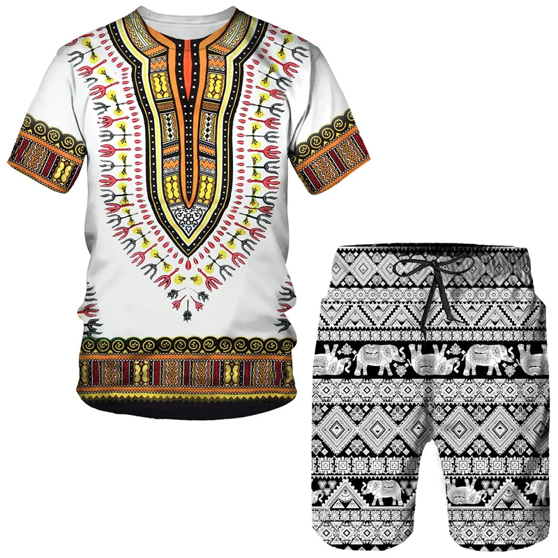 Men\'s African 3D Print Set Summer Casual Dashiki Suits Outfits Vintage Style T Shirts +Shorts Traditional Wear Male Tracksuit