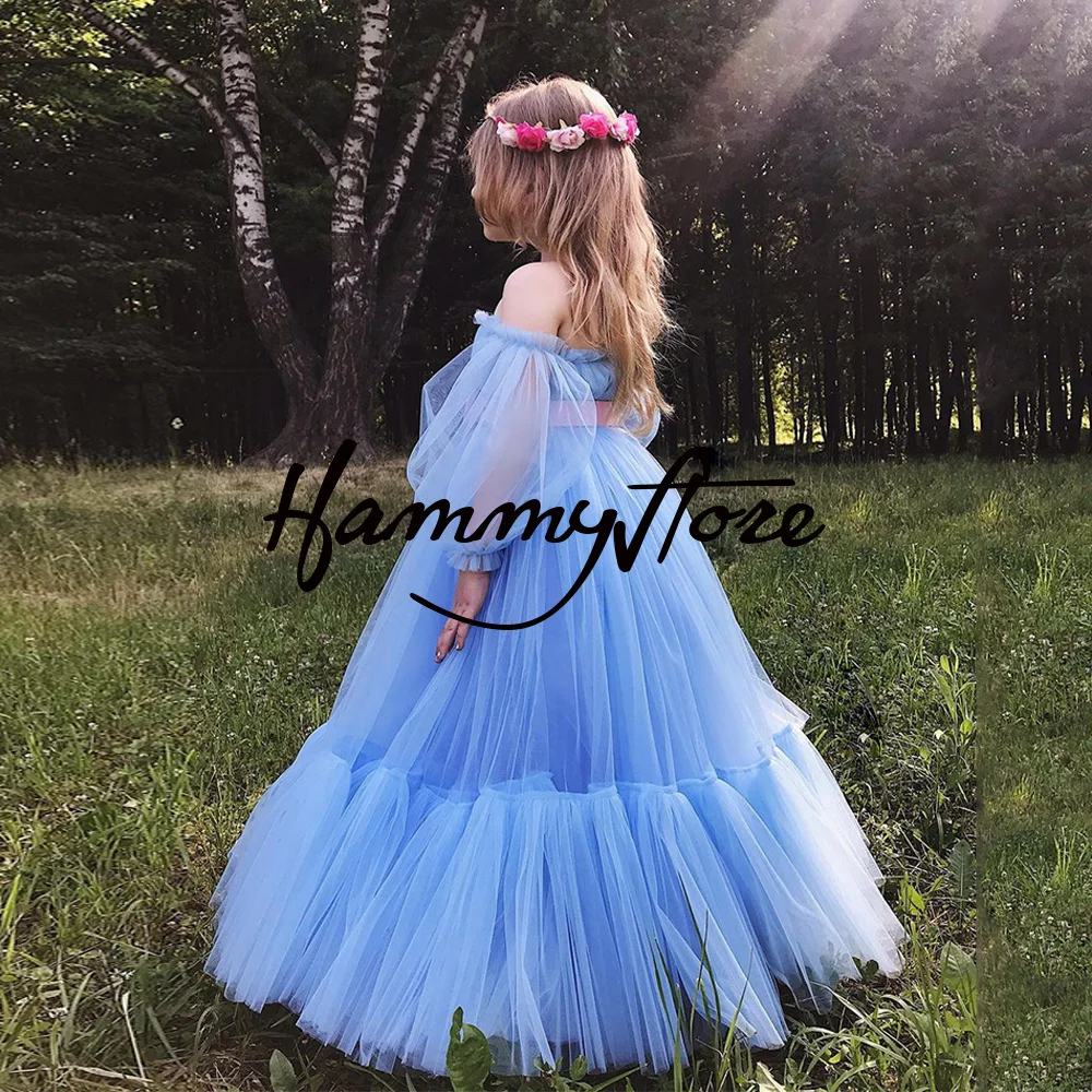 Sky Blue Princess Party Dresses for Girls Puff Sleeves Sweetheart Soft Tulle Long Flower Girl Dress Children Communion Gown