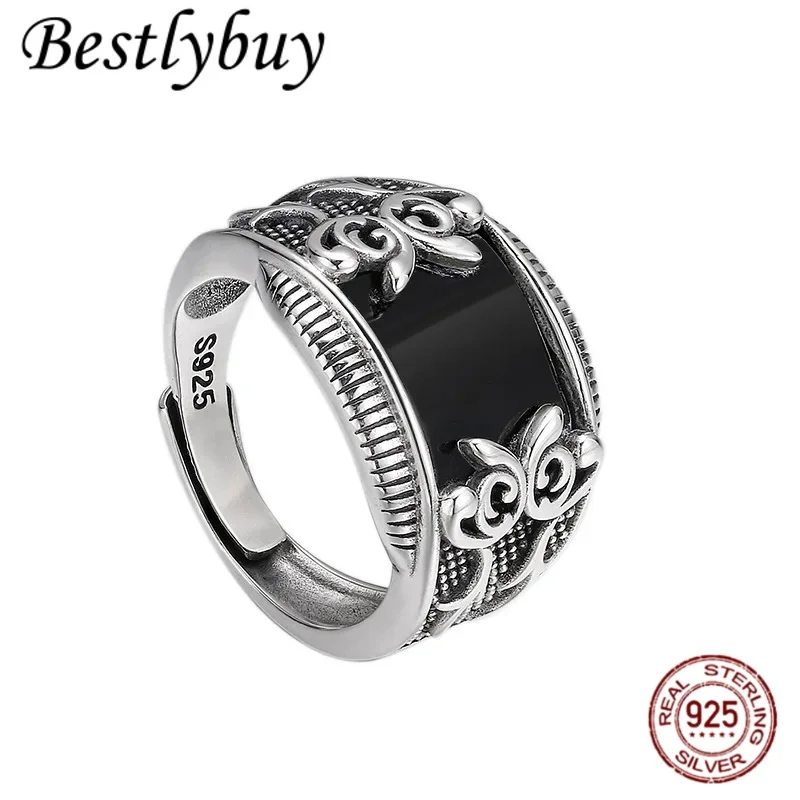 New s925 sterling silver charms rings for men retro eternal rattan pattern inlaid black agate fashion punk jewelry ﻿wholesale