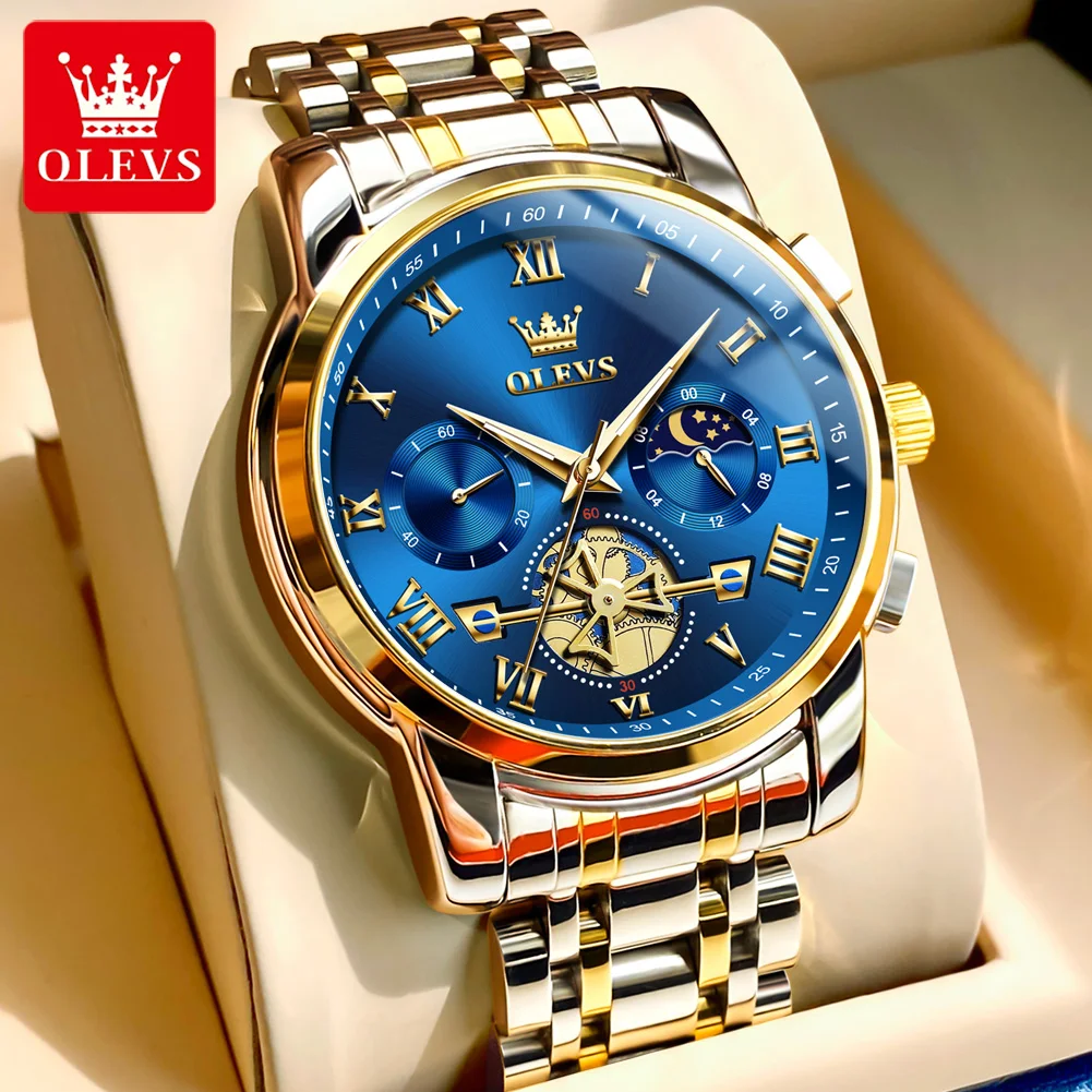 OLEVS Moon Phase Watch for Men Original Roman Dial High Quality Stainless steel Multi-function Wristwatch Luxury Brand Watch Men