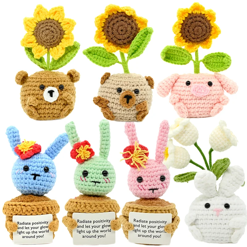 PlantSeries Positive Energy Cute Bunny&Bear Plantpod Crochet Doll, Knitted Plant Hug with Encouragement Card, Desk Decor Gift