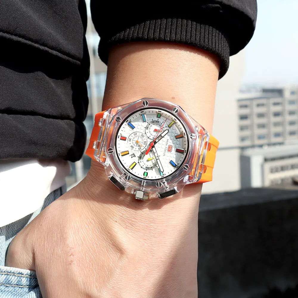 MINI FOCUS Men's Sports Quartz Watches with Orange Silicone Strap Chronograph Fashion Waterproof Luminous Wristwatch with Calend - view 4