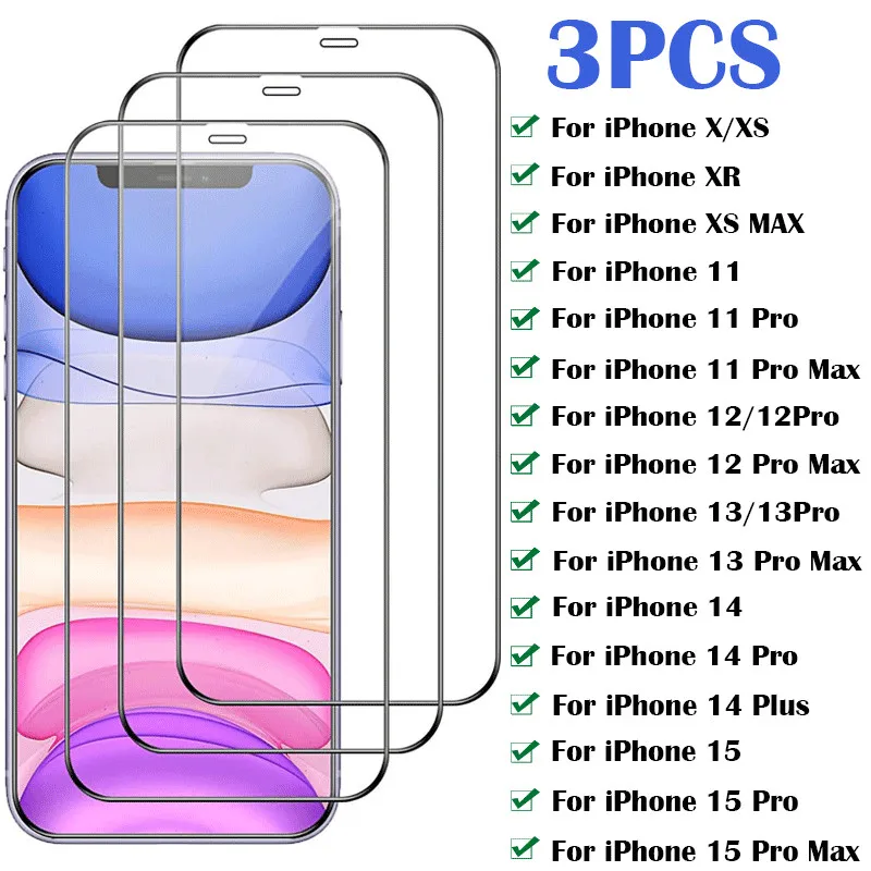 3Pcs Full Cover Protective glass For iPhone 13 12 11 14 15 Pro Max 12 Mini screen protector For iphone Xr Xs Max 7 8 Plus glass