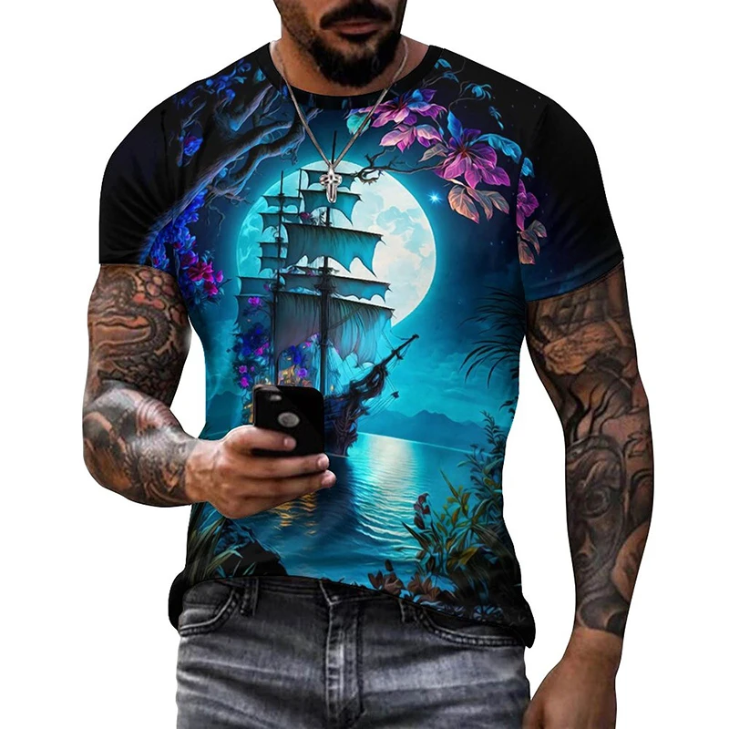 Vintage Ship Printed T-shirt For Men Summer Trending Terror Pattern Hombre Ropa  Street Hiphop Tees Oversize Breathable  Tshirt