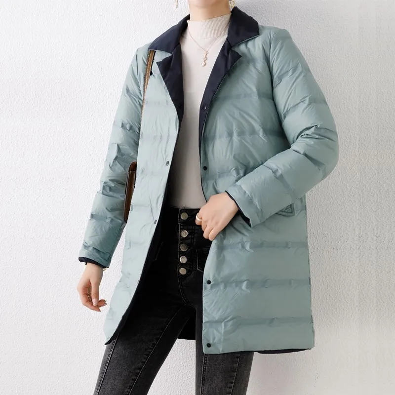 

Reversible Down Jacket Autumn Winter Women Warm Lightweight White Duck Down Coat Parka Ladies Single-breasted Midi Long Outwears