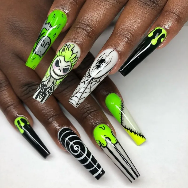 

3D fake nails set for halloween party green ghost flame spider web long french coffin tips faux ongles press on false nail art