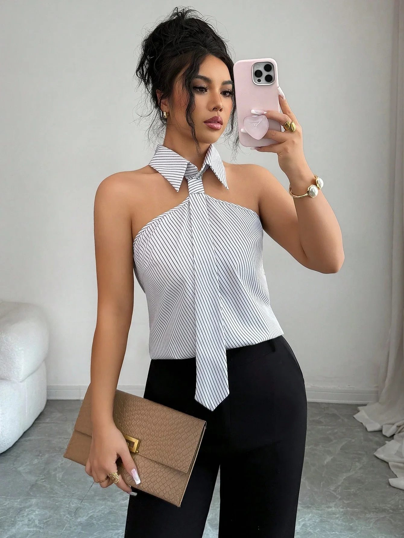 

Женская полосатая блузка с воротником-халтер, повседневная, офисная, элегантная, летняя