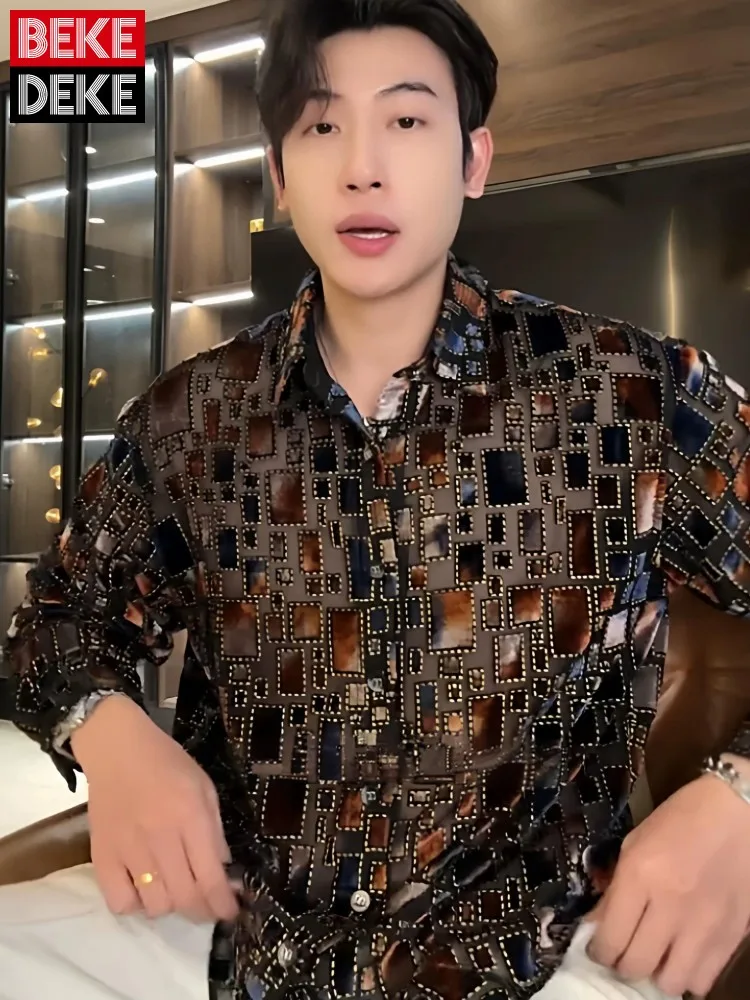 

Spring Mens High Street Casual Shirt Long Sleeve Single Breasted Tops Loose Fit Harajuku Vintage Printed Irregular Plaid Shirts